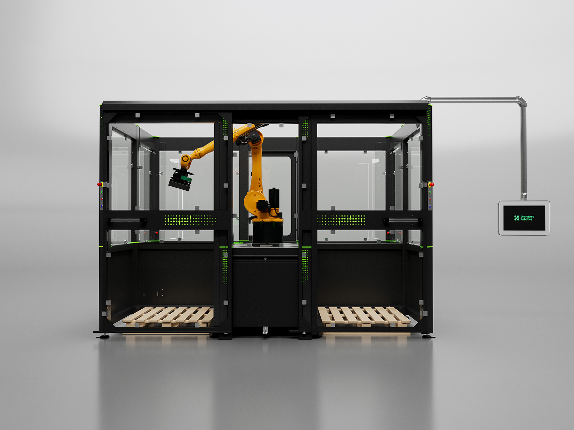 Enclosed robotic palletizing cell with integrated HMI display